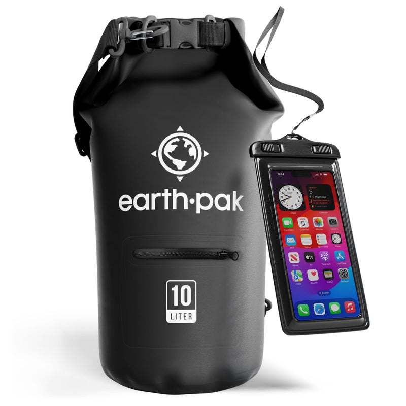 Earth Pak حقيبة جافة مقاومة للماء من إيرث باك مع جيب بسحاب - حقيبة ظهر جافة مقاومة للماء تحافظ على المعدات جافة للتجديف، التخييم، الصيد، حقيبة الشاطئ، ملحقات الكاياك - حقائب جافة مقاومة للماء مع حافظة هاتف 10 لتر - Image 1